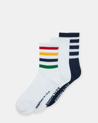 3 PACK STRIPED CREW SOCKS WHITE MULTI